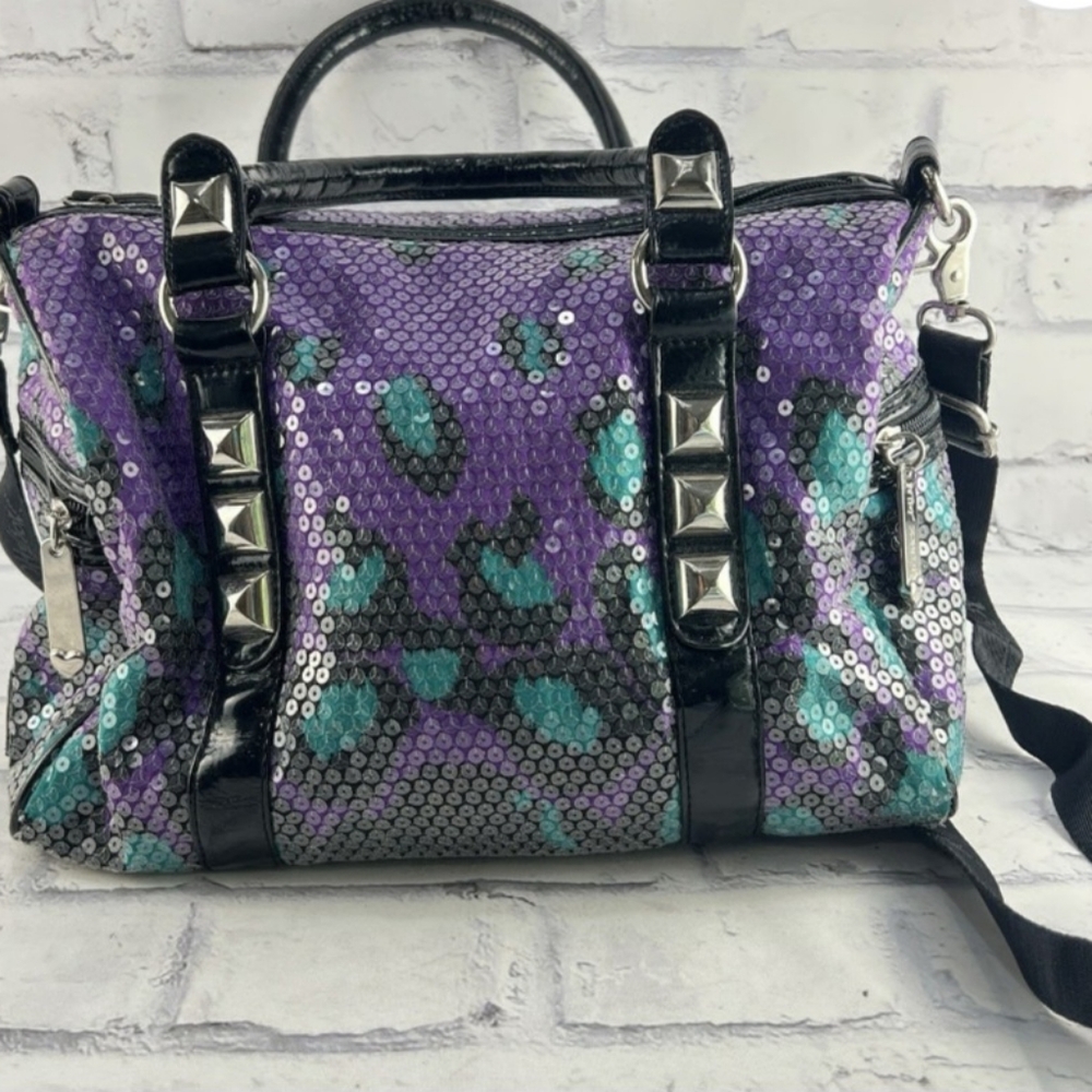BETSEY JOHNSON Vintage Double Handle Crossbody Studded Sequin Handbag - Picture 2 of 10